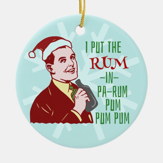 Funny Christmas Retro Rum Drinking Man Holiday Ceramic Ornament (Front)