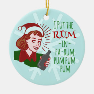 Funny Christmas Retro Rum Drinking Woman Holiday Ceramic Ornament