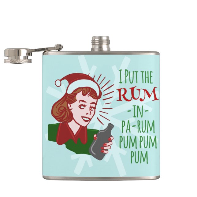 Funny Christmas Retro Rum Drinking Woman Holiday Hip Flask (Opened)