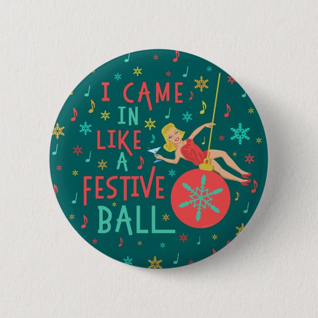 Funny Christmas Retro Woman on Festive Xmas Ball Button (Front)
