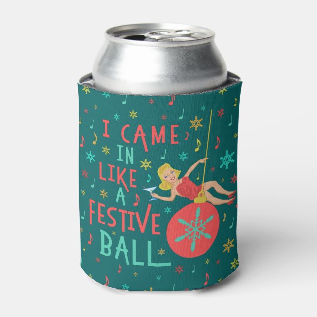 Funny Christmas Retro Woman on Festive Xmas Ball Can Cooler (Can Front)