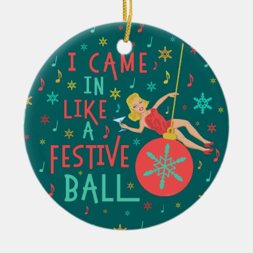 Funny Christmas Retro Woman on Festive Xmas Ball Ceramic Ornament