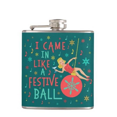 Funny Christmas Retro Woman on Festive Xmas Ball Flask