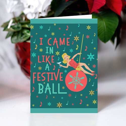 Funny Christmas Retro Woman on Festive Xmas Ball Holiday Card