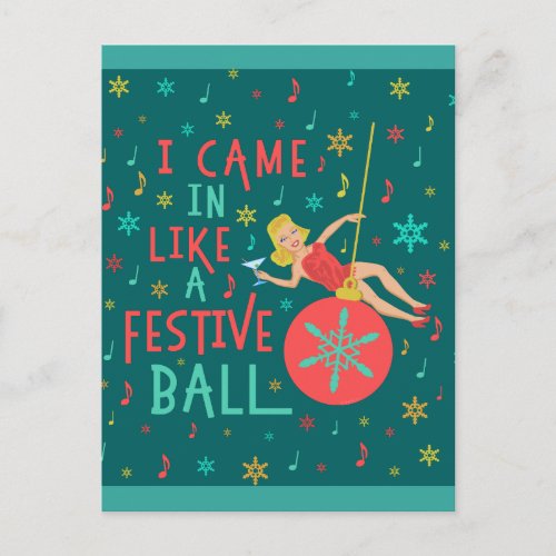 Funny Christmas Retro Woman on Festive Xmas Ball Holiday Postcard