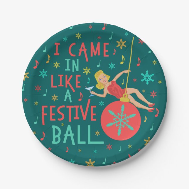 Funny Christmas Retro Woman on Festive Xmas Ball Paper Plates (Front)