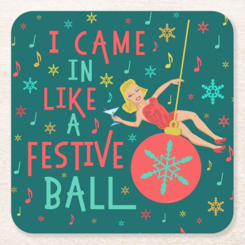 Funny Christmas Retro Woman on Festive Xmas Ball Square Paper Coaster