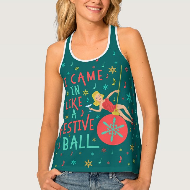 Funny Christmas Retro Woman on Festive Xmas Ball Tank Top (Front)