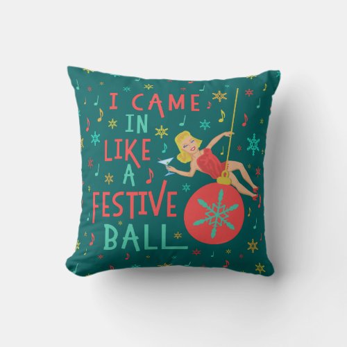 Funny Christmas Retro Woman on Festive Xmas Ball Throw Pillow