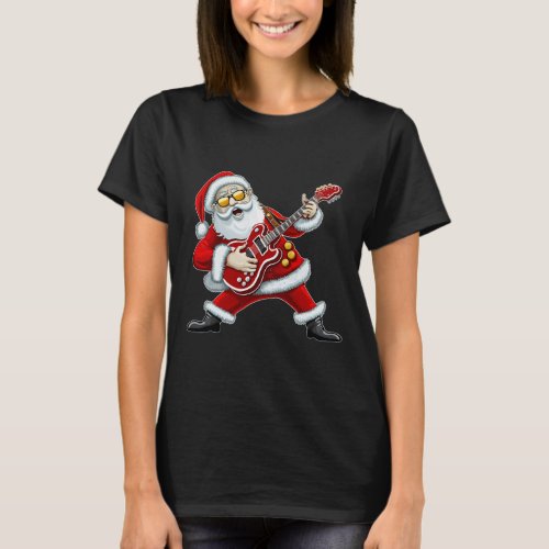 Funny Christmas Rocker Santa Is Playing Bass Guita T_Shirt