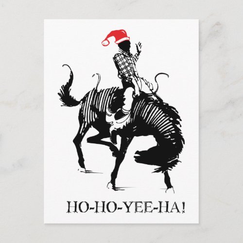 Funny Christmas rodeo Santa on black horse Holiday Postcard