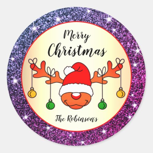 Funny Christmas Rudolph Reindeer Purple Glitter Classic Round Sticker
