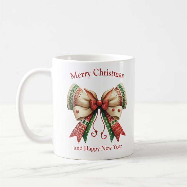Funny Christmas rustic bow with elves hat Coffee Mug (Left)