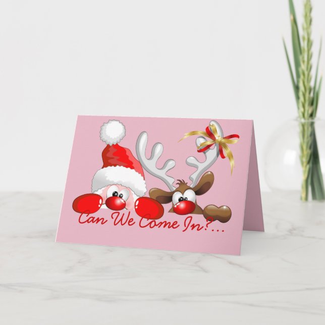 Funny Christmas Santa and Reindeer Cartoon Card (Front)