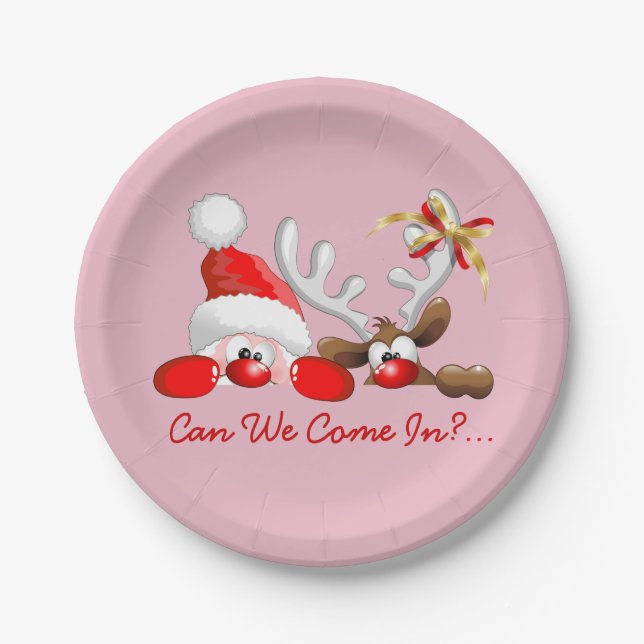 Funny Christmas Santa and Reindeer Cartoon Paper Plates (Front)