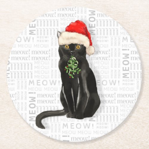 Funny Christmas Santa Black Bombay Cat Round Paper Coaster