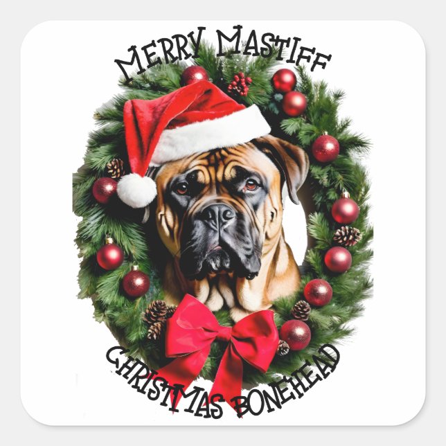 Funny Christmas Santa Bull Mastiff Custom Personal Square Sticker (Front)