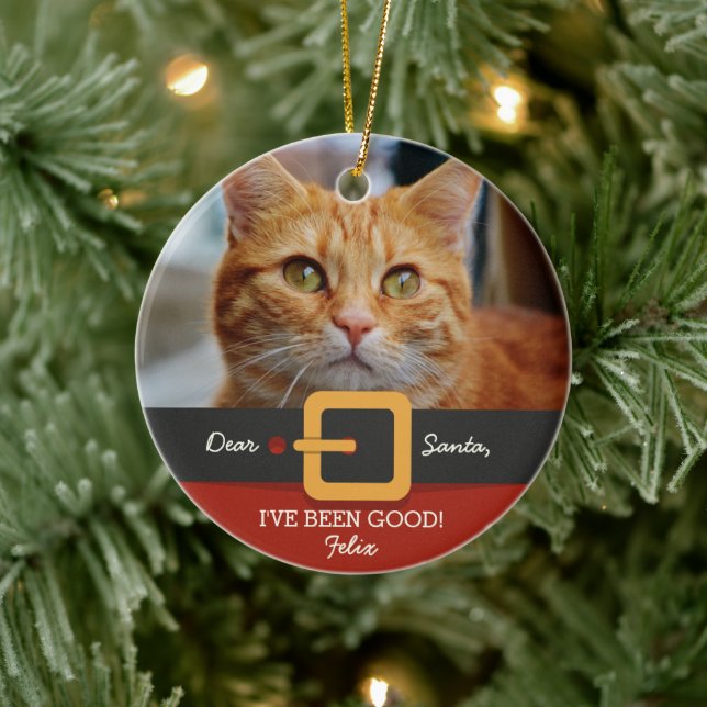 Funny Christmas Santa Cat Photo and Name Custom Ceramic Ornament (Tree)