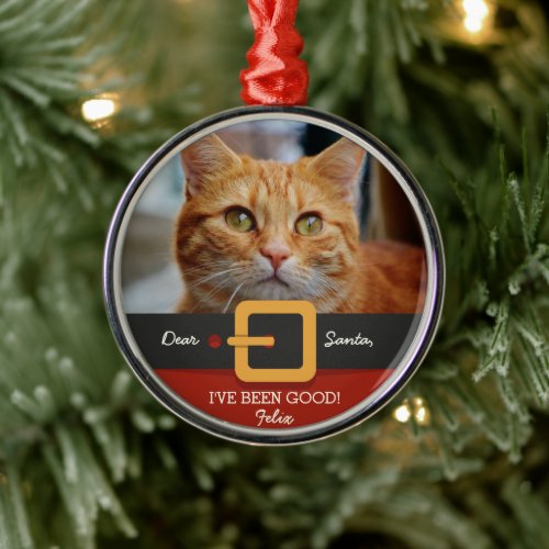 Funny Christmas Santa Cat Photo and Name Custom Metal Ornament