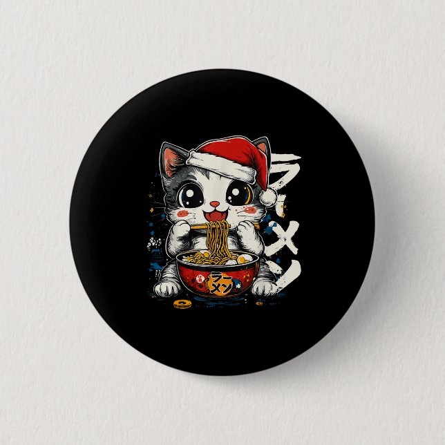 Funny Christmas Santa Cat Ramen Japanese Kawaii An Button (Front)