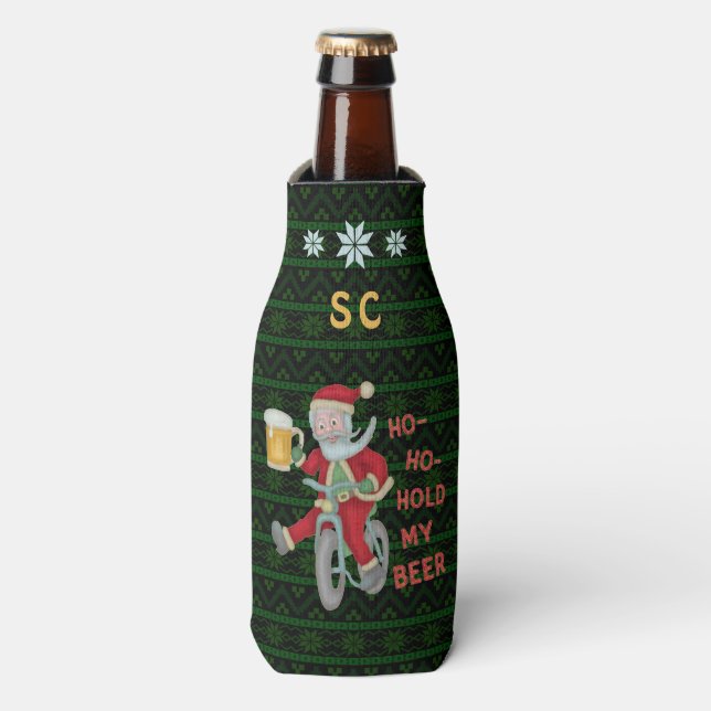 Funny Christmas Santa Claus Beer Humor Monogrammed Bottle Cooler (Bottle Front)