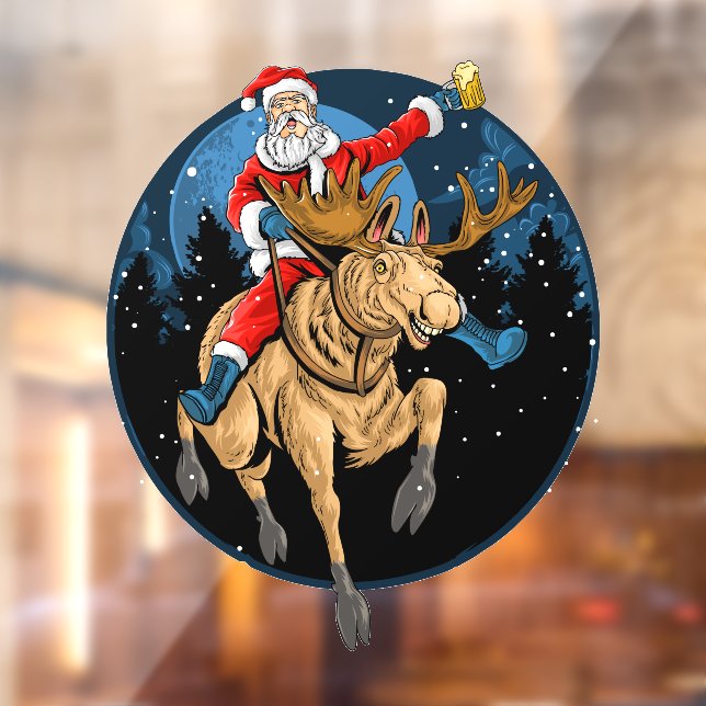 Funny Christmas Santa Claus Beer Riding A Moose Window Cling (Sheet 2)