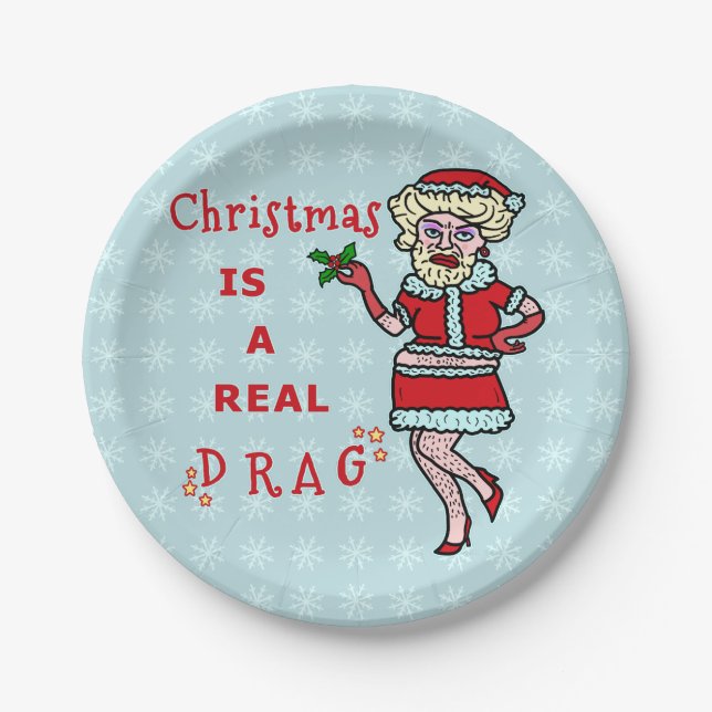 Funny Christmas Santa Claus Drag Bah Humbug Party Paper Plates (Front)