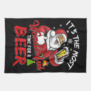 Funny Christmas Santa Claus Drinking Beer Wonderfu Kitchen Towel