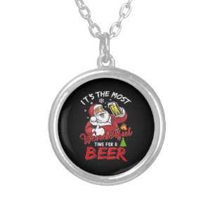 Funny Christmas Santa Claus Drinking Beer Wonderfu Silver Plated Necklace