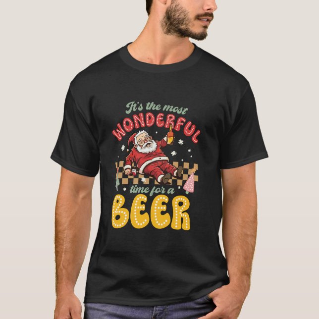 Funny Christmas Santa Claus Drinking Beer Wonderfu T-Shirt (Front)