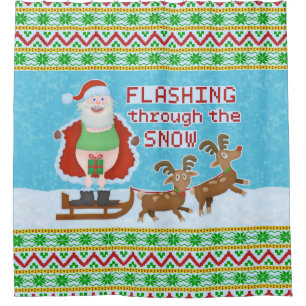 Funny Christmas Santa Claus Flashing Thru Snow Shower Curtain