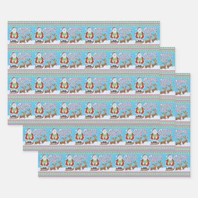 Funny Christmas Santa Claus Flashing Thru the Snow Wrapping Paper Sheets (Set)