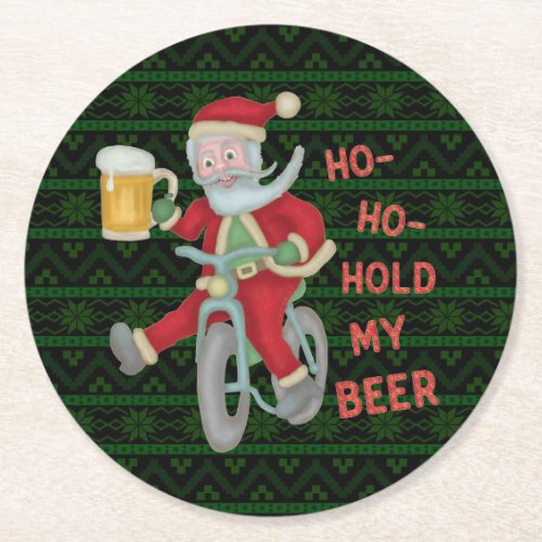 Funny Christmas Santa Claus Hold My Beer Humor Round Paper Coaster