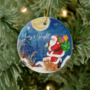 Funny Christmas Santa Claus Holding Sack of Gifts Ceramic Ornament