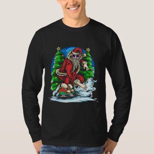 Funny Christmas Santa Claus On Skateboard Skating T_Shirt