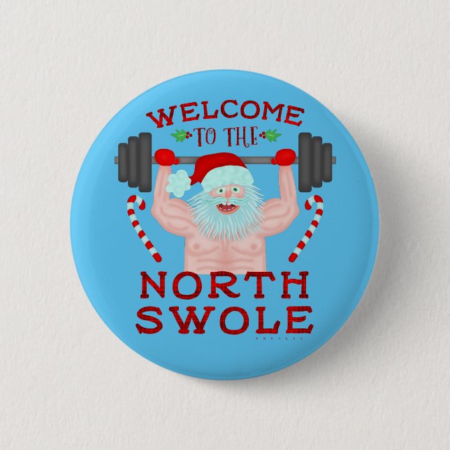 Funny Christmas Santa Claus Swole Weightlifter Button (Front)