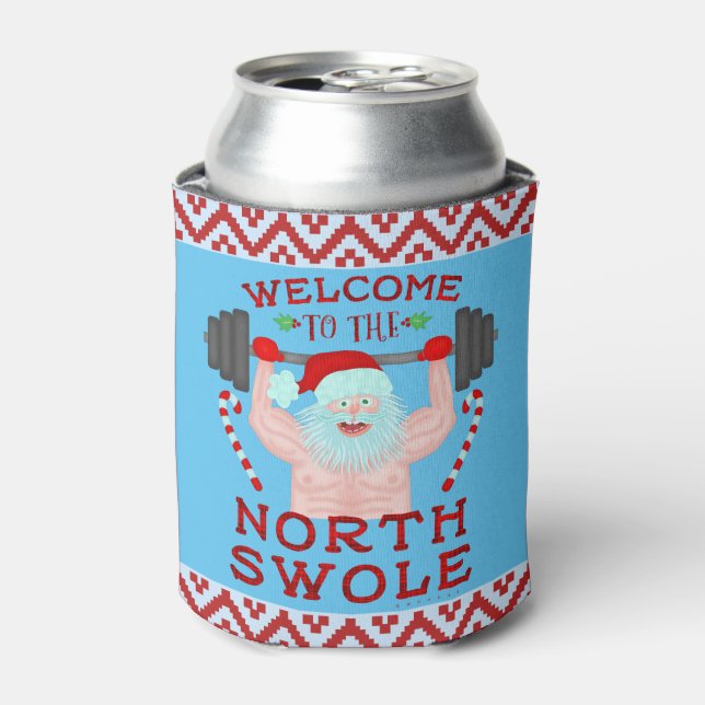 Funny Christmas Santa Claus Swole Weightlifter Can Cooler (Can Front)