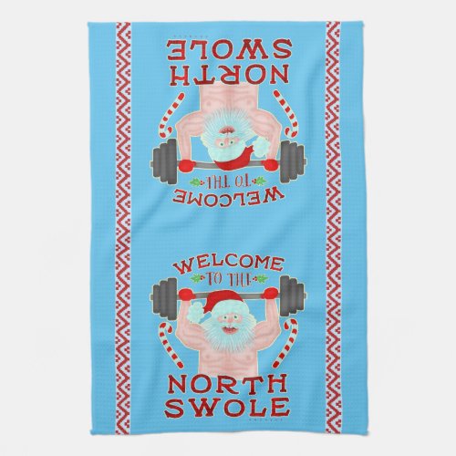 Funny Christmas Santa Claus Swole Weightlifter Kitchen Towel