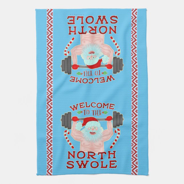 Funny Christmas Santa Claus Swole Weightlifter Kitchen Towel (Vertical)