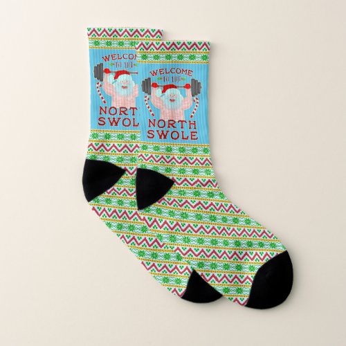 Funny Christmas Santa Claus Swole Weightlifter Sm Socks
