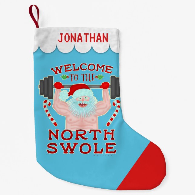 Funny Christmas Santa Claus Swole Weightlifter Small Christmas Stocking (Front)