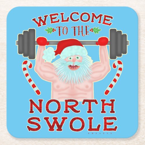 Funny Christmas Santa Claus Swole Weightlifter Square Paper Coaster