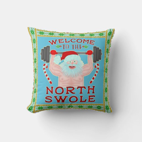 Funny Christmas Santa Claus Swole Weightlifter Throw Pillow