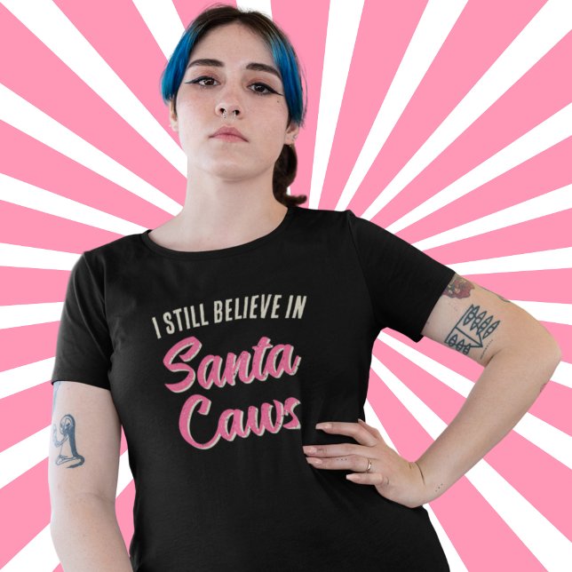 Funny Christmas Santa Crow I Believe  Plus Size T-Shirt (Funny plus size women's Christmas t-shirt features a a retro style crow with a Santa hat.)