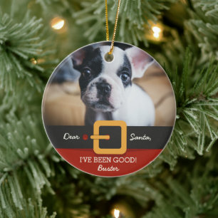 Funny Christmas Santa Dog Photo and Name Custom Ceramic Ornament