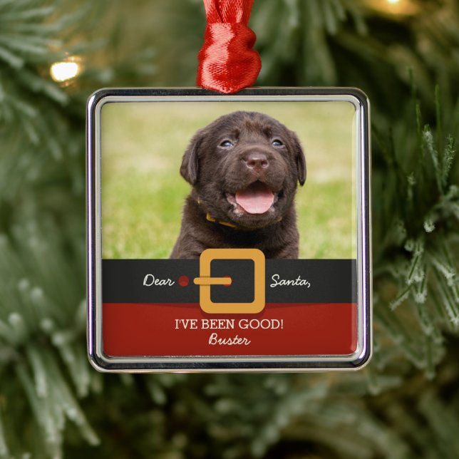 Funny Christmas Santa Dog Photo and Name Custom Metal Ornament (Tree)