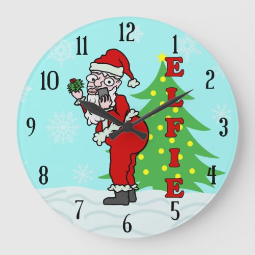 Funny Christmas Santa Elfie Large Clock