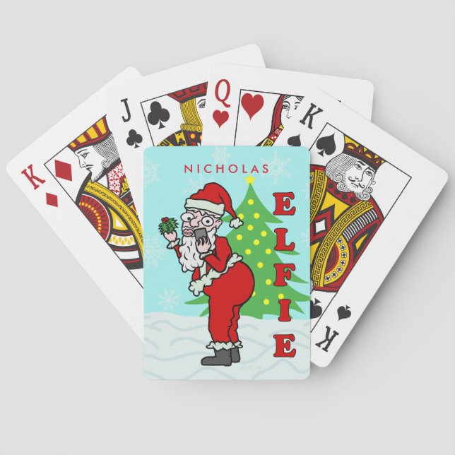 Funny Christmas Santa Elfie Personalized Poker Cards (Back)