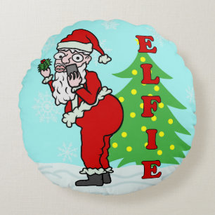 Funny Christmas Santa Elfie Round Pillow