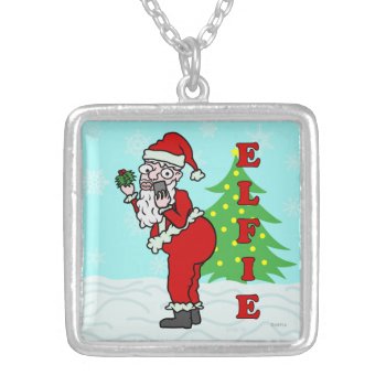 Funny Christmas Santa Elfie Silver Plated Necklace by HaHaHolidays at Zazzle